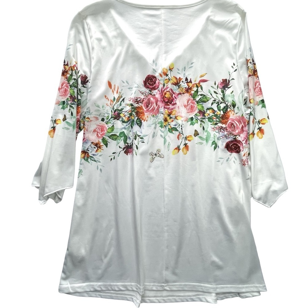 Beautiful SzL Blouse Floral Print White 3/4 Length Sleeve Round Neck Stretchy - Picture 6 of 13